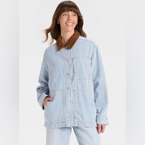 Universal Thread Women’s Blue Railroad Stripe Chore Jacket Brown Cord Collar XXL